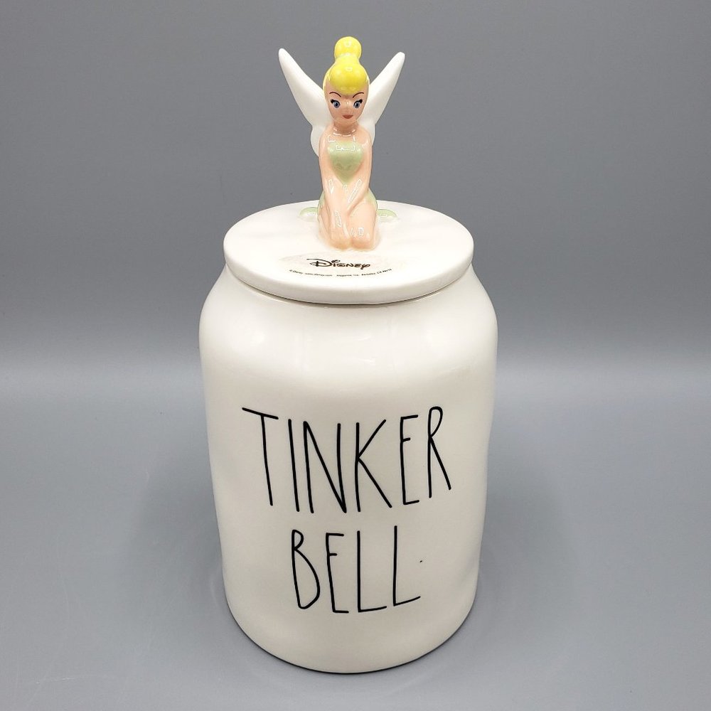 New Rae Dunn Disney Fairy TINKER BELL Cookie Jar White Ceramic Canister with Lid